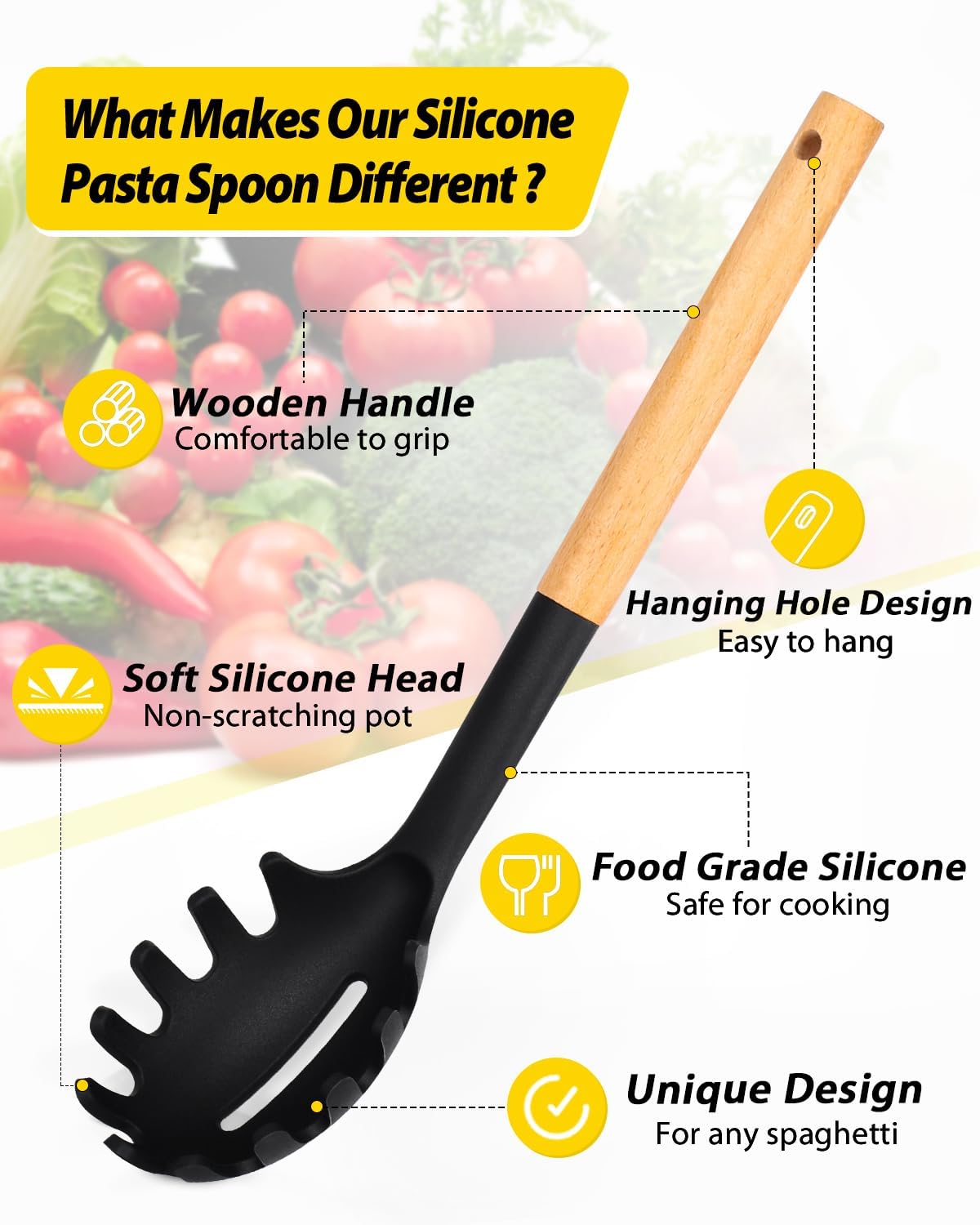 Pack of 2 Spaghetti Spoon, Silicone Pasta Fork with Wooden Handle, Heat Resistant Noodle Spoon Server, BPA Free Spaghetti Strainer(BLACK-GRAY)