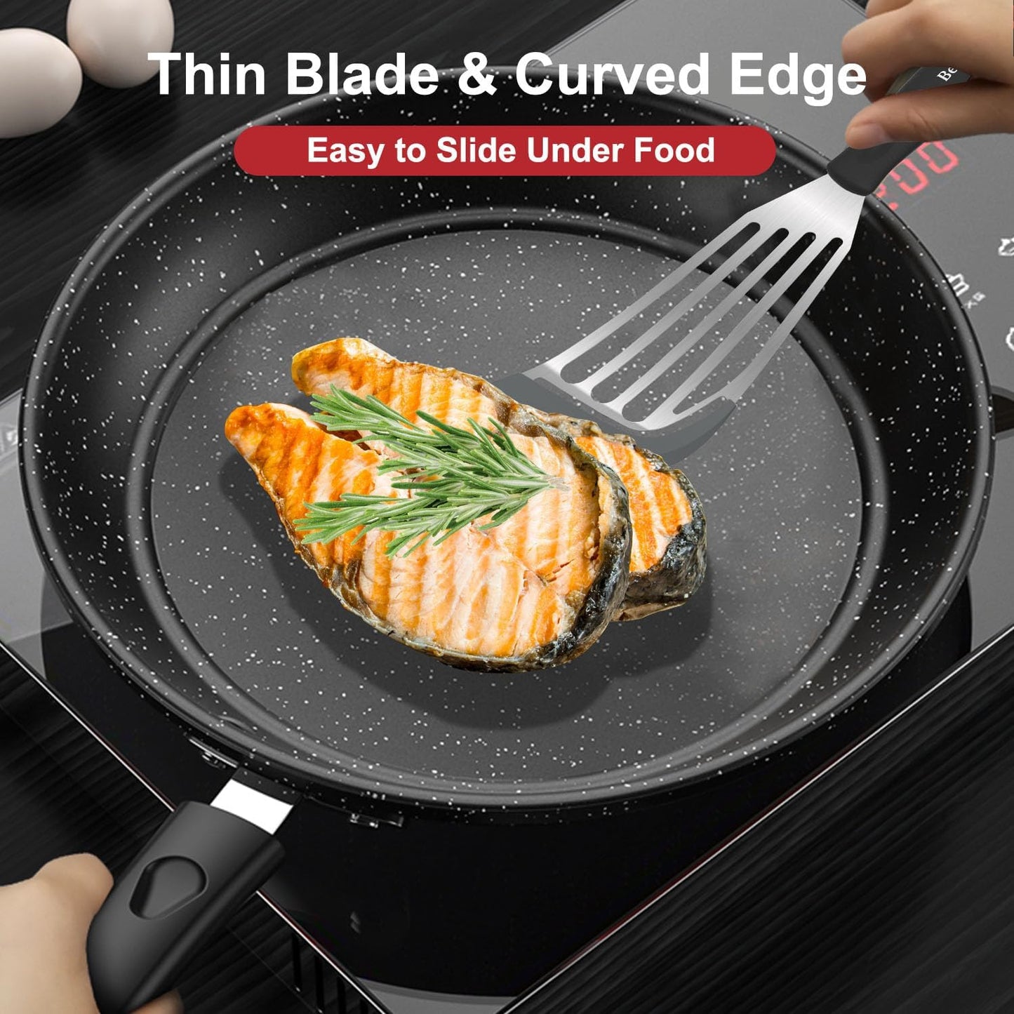 Beijiyi Heat Resistant Silicone Fish Spatulas, 2-Piece Slotted Fish Turner Spatula Set for Non Stick Frying Pan, Kitchen Cooking Utensils Flexible Thin Egg Flipper, 12.3" & 10.6", Gray Silicone Edge