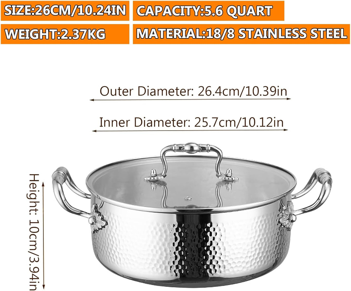 Stainless Steel Stock Pot with Visible Lid for Pasta, Soup, Spaghetti, Nonstick Thick Bottom Stockpot, Induction Pasta Pot Compatible with All Cooktops, Dishwasher Safe,5.6QT