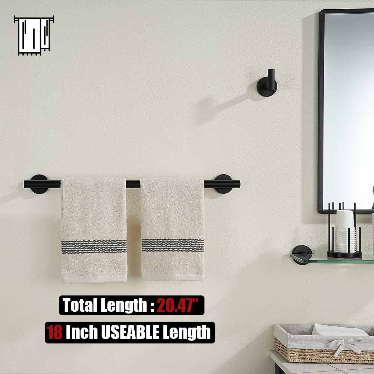 JQK Black Towel Bar, 20.5 Inch 304 Stainless Steel Thicken 0.8mm Towel Rack Bathroom, Towel Holder Matte Black Wall Mount, Useable Length 18 Inch 2 Pack, TB110L18-PB-P2
