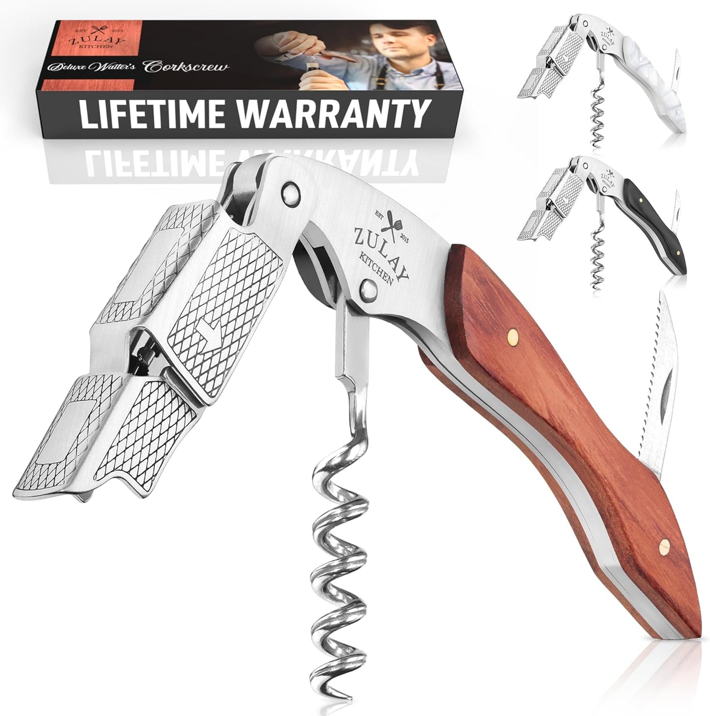 Zulay Kitchen Corkscrew Wine Opener - Premium 420 Stainless Steel & Rosewood Wine Bottle Opener - Double Hinged Opener with Foil Cutter & Cap Remover - Rosewood