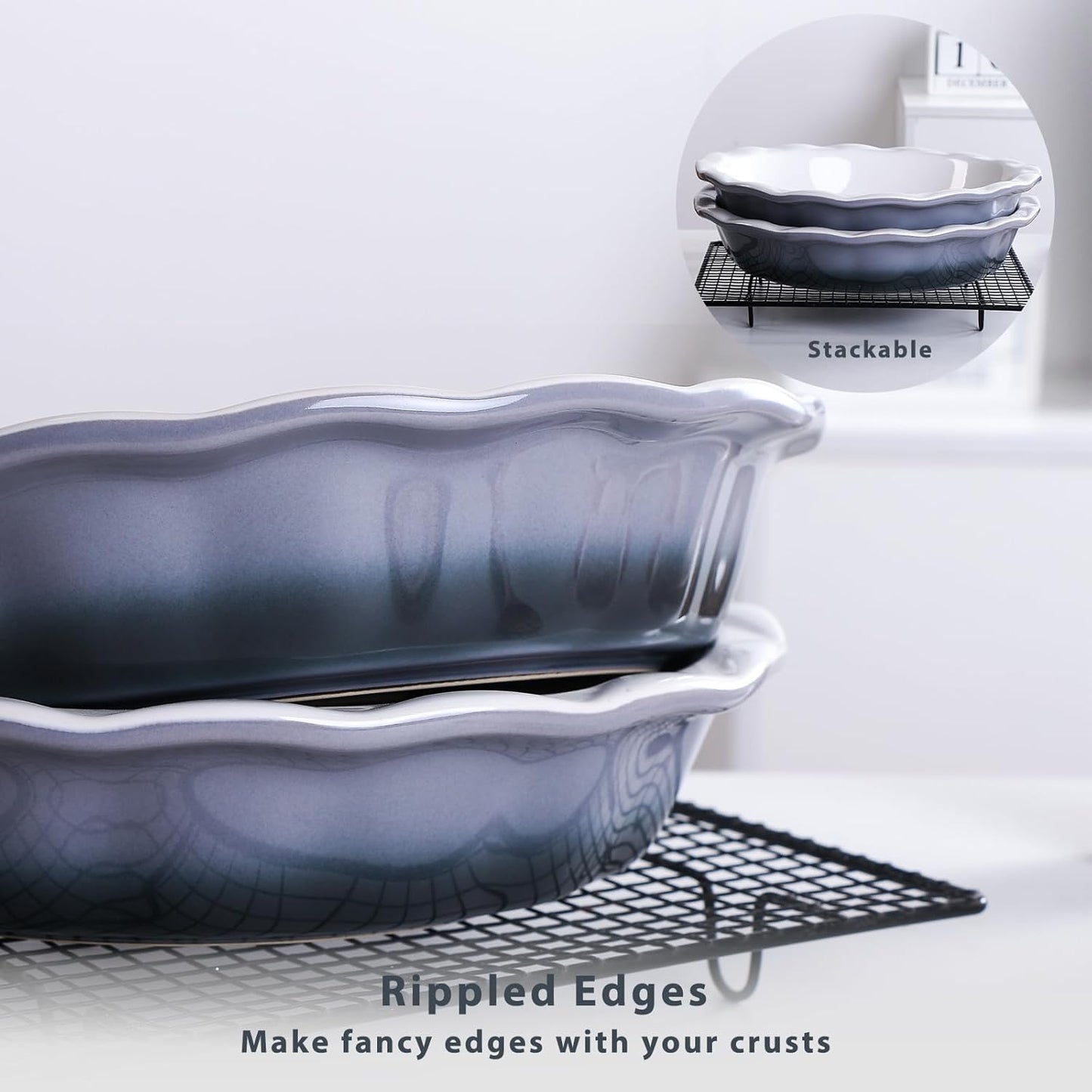 Lareina Ceramic 9 Inch Deep Dish Pie Pans, Set of 2, Grey, Non-Stick, Oven & Dishwasher Safe, Ideal for Baking Pies, Quiches, Cakes