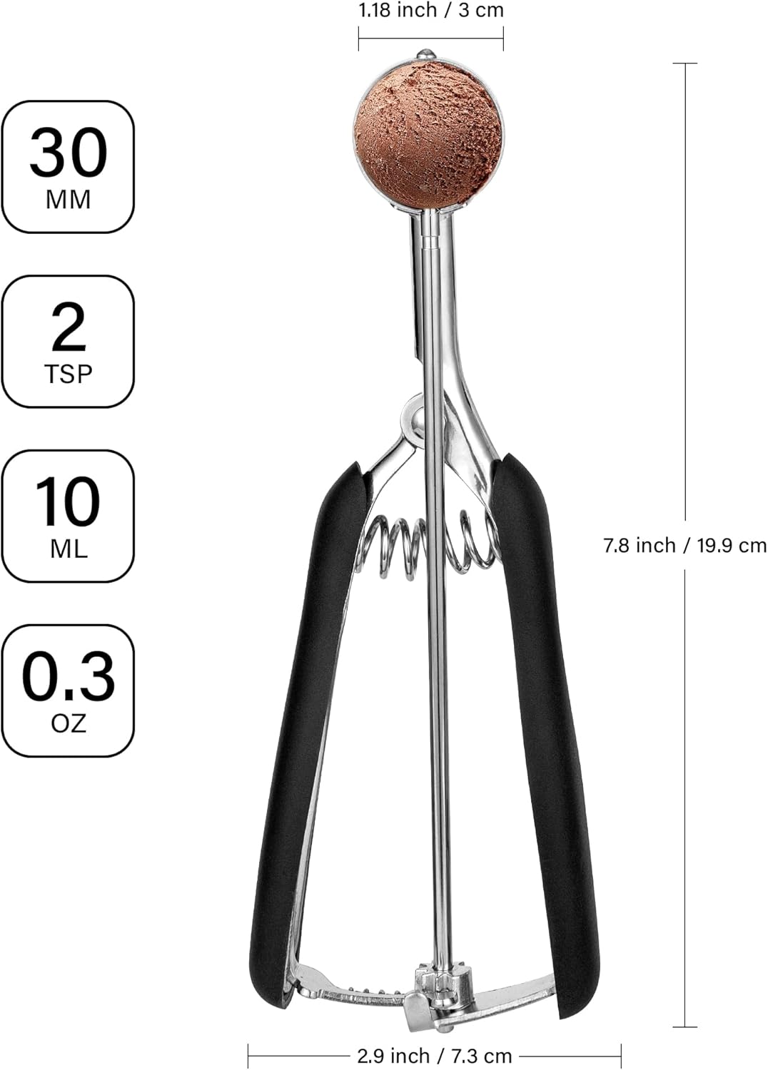 Small Cookie Scoop 2 tsp, Professional Stainless Steel Ice Cream Scoop 30 mm, Melon Baller Scoop Good Soft Grips, Quick Trigger Release