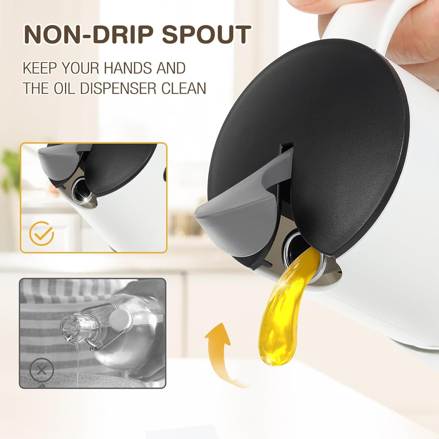 Vucchini Olive Oil Dispenser Bottle for Kitchen Cooking 10 oz - Auto Flip Vinegar Dispenser Container- Leakproof Glass Cruet with Non-Drip Spout Dispenser (white and yellow)