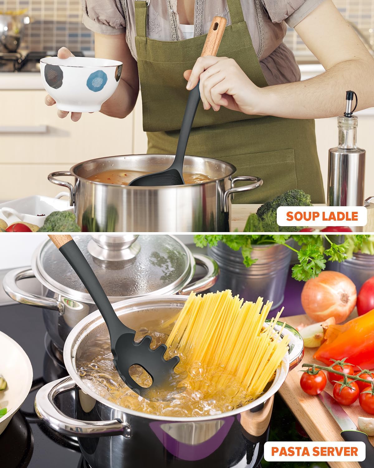 Pasta Fork and Ladle Set, Perfect for Serving Hot Soup, Stirring, and Sauce Pasta, BPA-Free Matte Silicone, Wood Handle Spaghetti Spoon for Nonstick Cooking Surfaces (Grey)