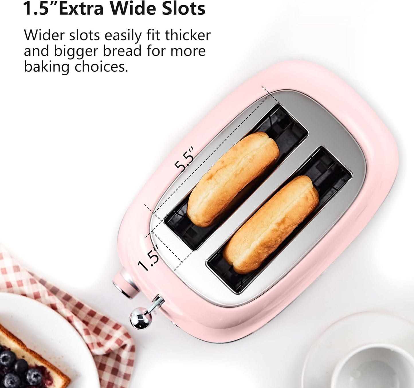 2 Slice Toaster Retro Stainless Steel with Bagel, Cancel, and Defrost Functions, 6 Bread Shade Settings, Extra Wide Slots and Removable Crumb Tray, Pink