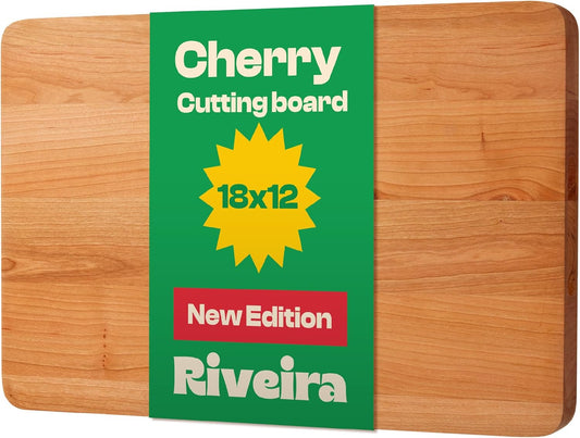 Riveira Cherry Wood Cutting Board – Gourmet Black Cherry Grandeur: 18 x 12 Wooden Cutting Board – Wooden Cutting Boards For Kitchen Decorative – Innovative Juice Grooves Cherry Wooden Chopping Board