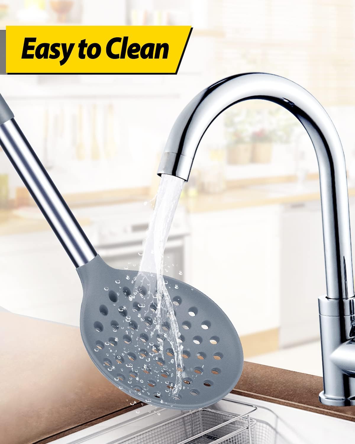 Kitchen Ladle Strainer Set of 2 Large Slotted Spoon with High Heat Resistant BPA Free Non Stick Cooking Skimmers For Draining and Frying (Grey and Teal Blue)