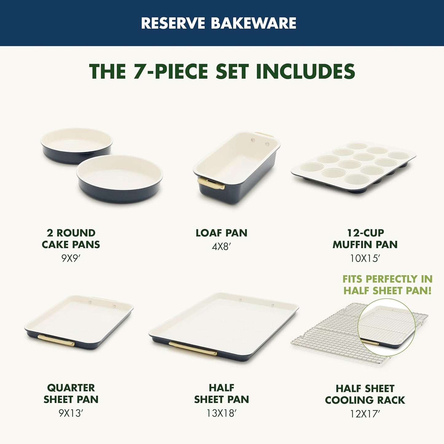 GreenPan Bakeware Set, 7 Piece Nonstick Ceramic Gold Handle Baking Sheets, Cake Pans, Loaf Pan, Muffin Tin, Cooling Rack, PFAS & BPA Free, Freezer to Oven Dish, Bake & Roast Ovenware, Oxford Blue