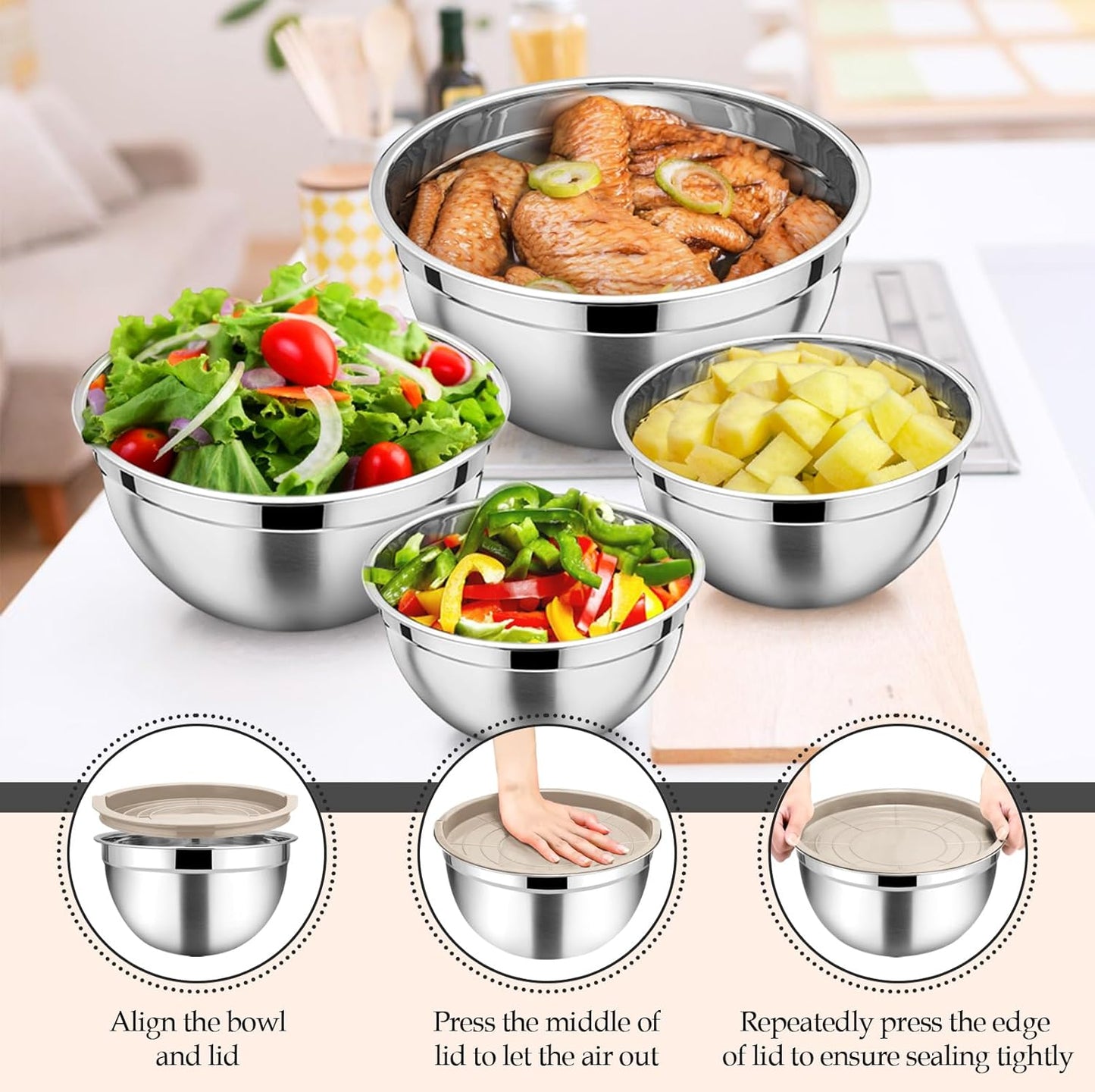 TeamFar Mixing Bowls, 6PCS Stainless Steel Nesting Mixing Salad Bowl with Lids & 3 Grater Attachments, for Food Cooking Baking Storing, Healthy, Khaki - 4.6/2.6/2 / 1.5/1 / 0.7 QT