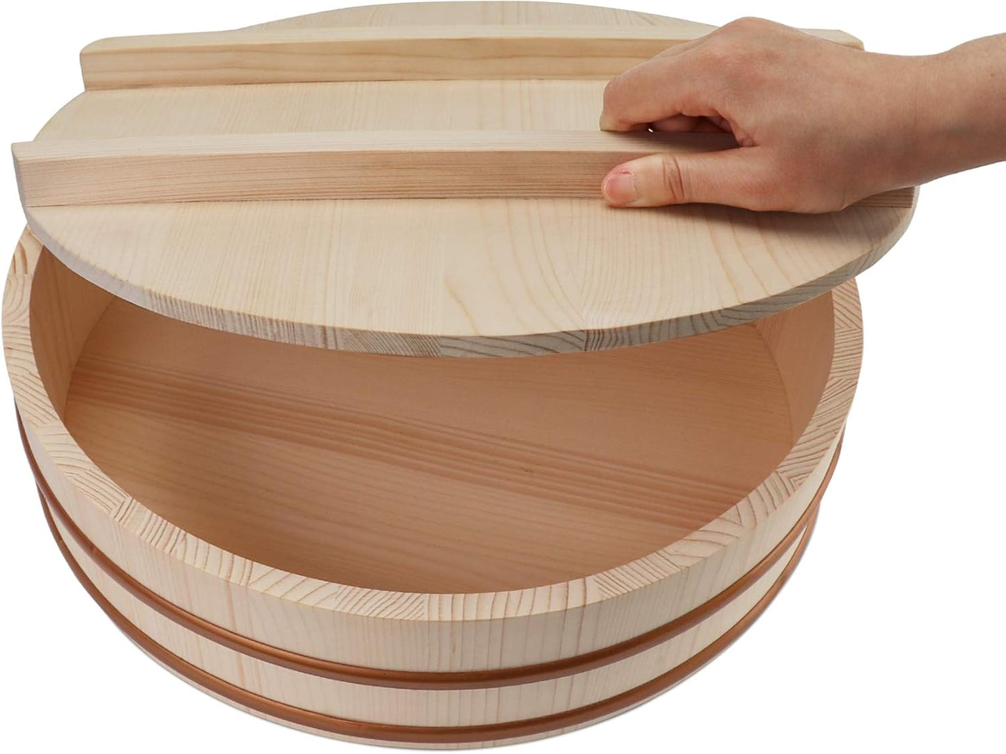 Kichgather Wooden Sushi Rice Bowl with Lid Hangiri Sushi Oke Sushi Rice Mixing Tub (11.8 ” with lid)