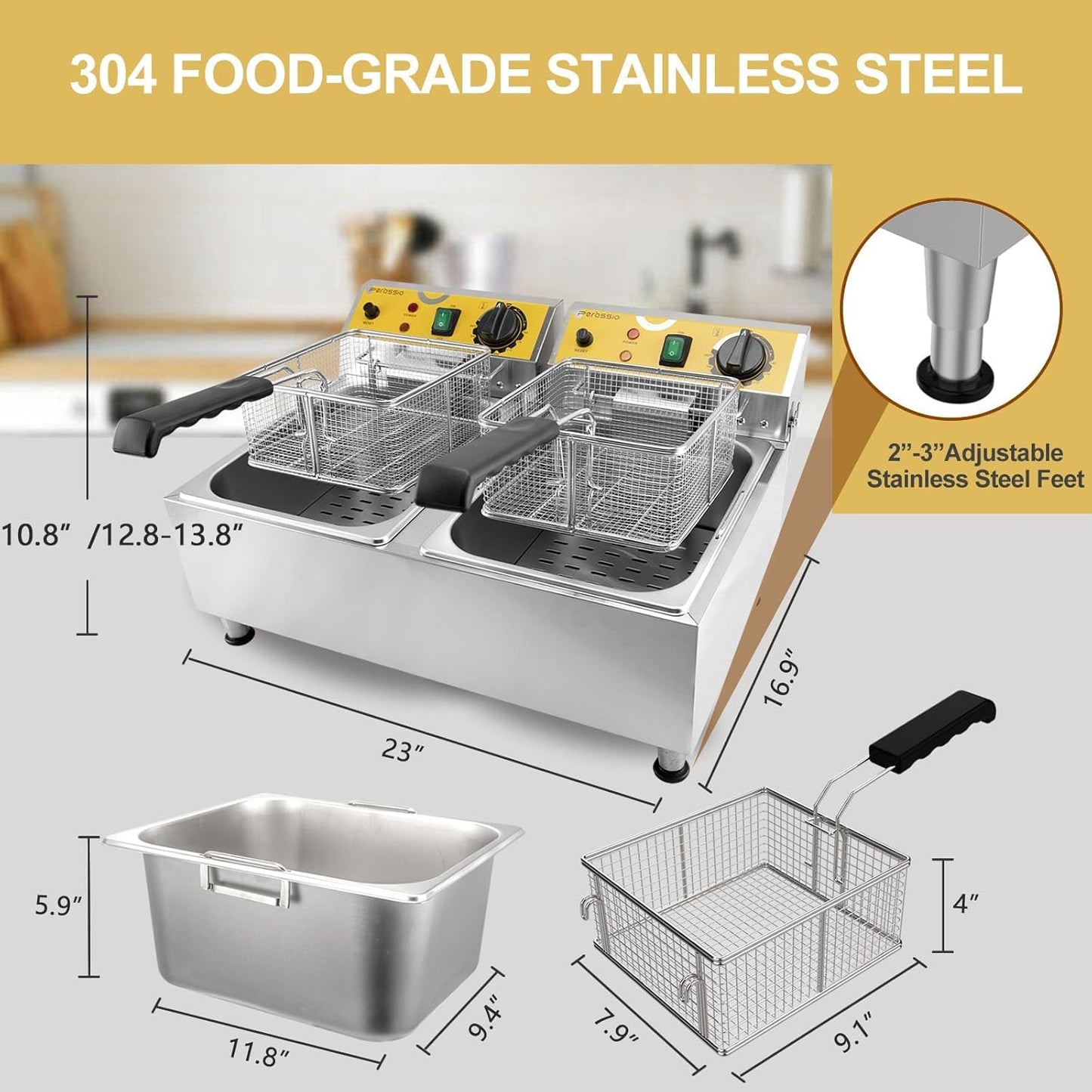 Dual Tank Deep Fryer 20L(21.1Qt) 3500 W Fast Heating, with Basket and Lid, 304SS Electric Large Deep Fryer for Home and Commercial, Countertop Deep Fryers