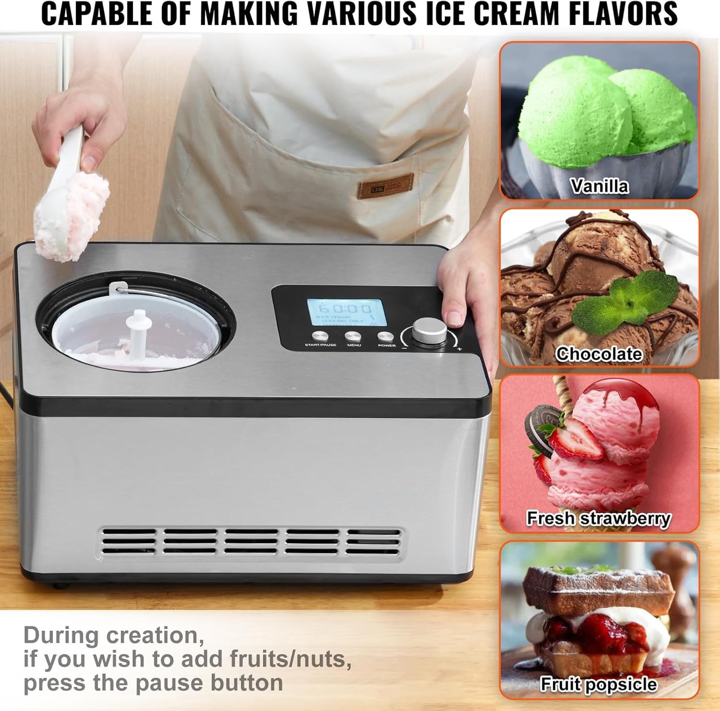 VEVOR Automatic Ice Cream Maker with Built-in Compressor, 2 Quart No Pre-freezing Fruit Yogurt Machine, Stainless Steel Electric Sorbet Maker, 3 Modes Gelato Maker with LCD Display & Timer, Silver