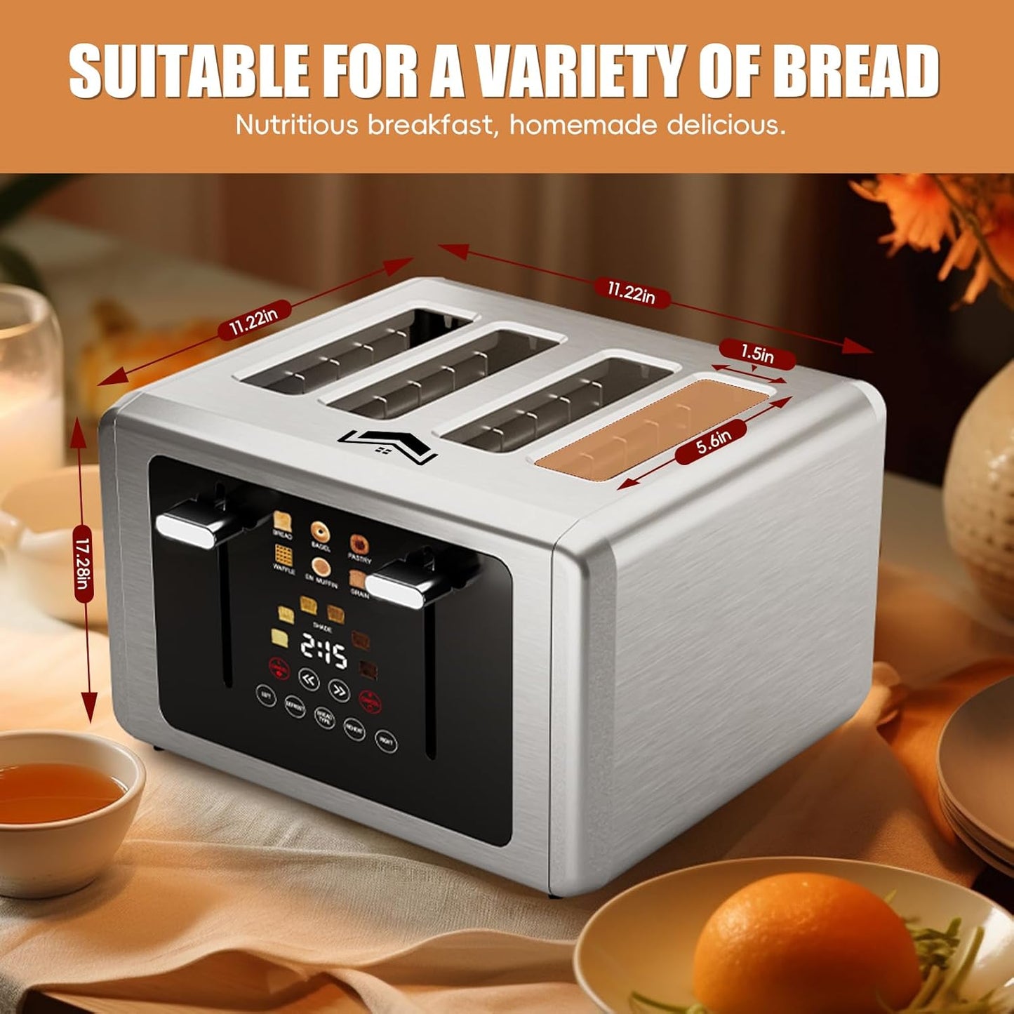 4 Slice Toaster, Touchscreen & Dual Independent Control Panel，5 Basic Functions & Digital Countdown Toasters, 6 Shade Settings＆6 Bread Types, Smart Bread Maker Mute/Screen-Off,Platinum
