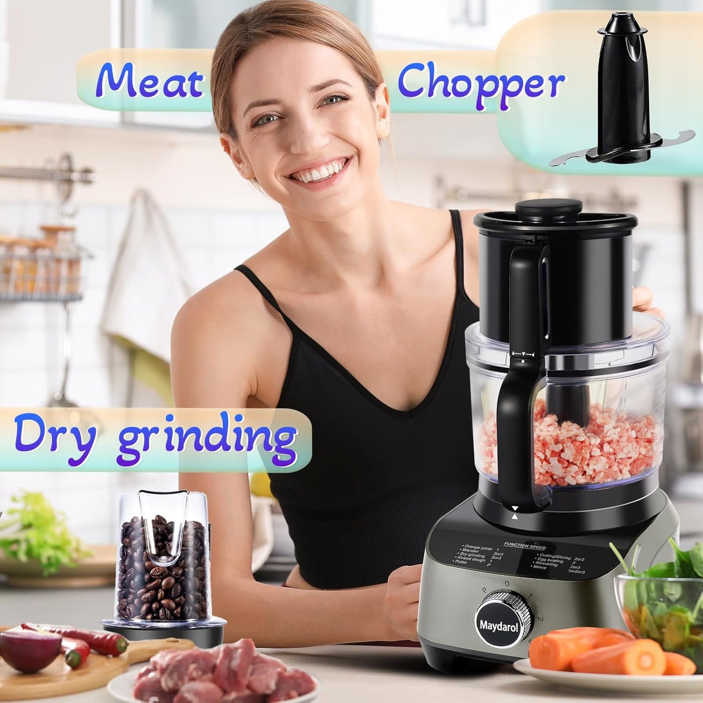14 Cup Food Processor, French-Fry-Cutter, Blending, Mixing, Shredding, and Slicing, Meat and Vegetable Chopping, Doughing for Home Use, Mincing, and Pureeing,4 Speeds,600W