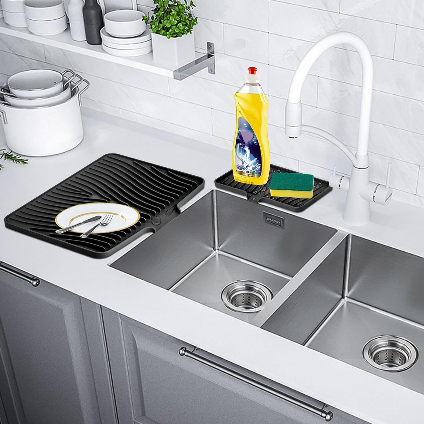 Silicone Dish Drying Mat for Kitchen Counter, Dish Drying Pad, Non-Slip Drain Pad with Built-in Drain, Heat Resistant Stone Drying Mat, 3 pcs (Black)