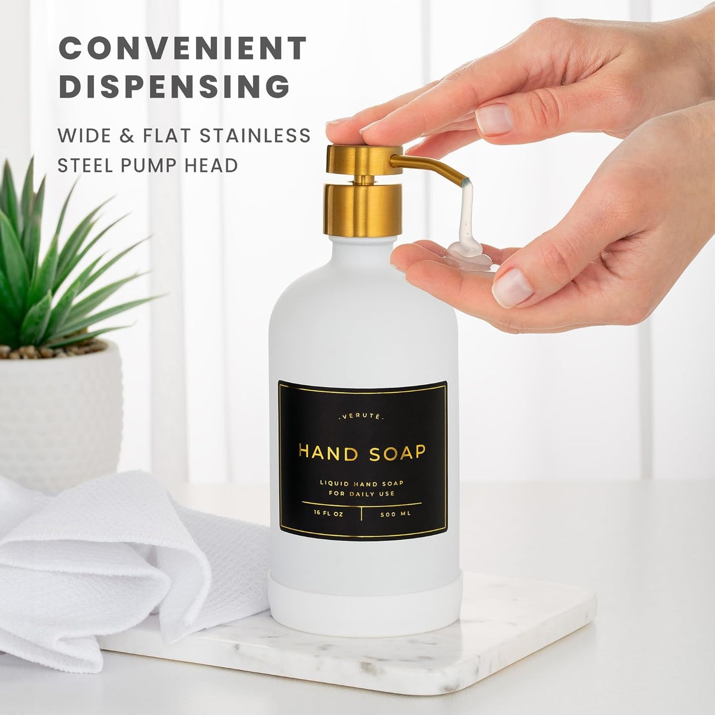 16oz Glass Soap Dispenser with Stainless Steel Pump, 21 Waterproof Labels, Non-Slip Protective Silicone Pad, Set of 2 for Bathroom & Kitchen (Matte White Bottle/Brushed Gold Pump)