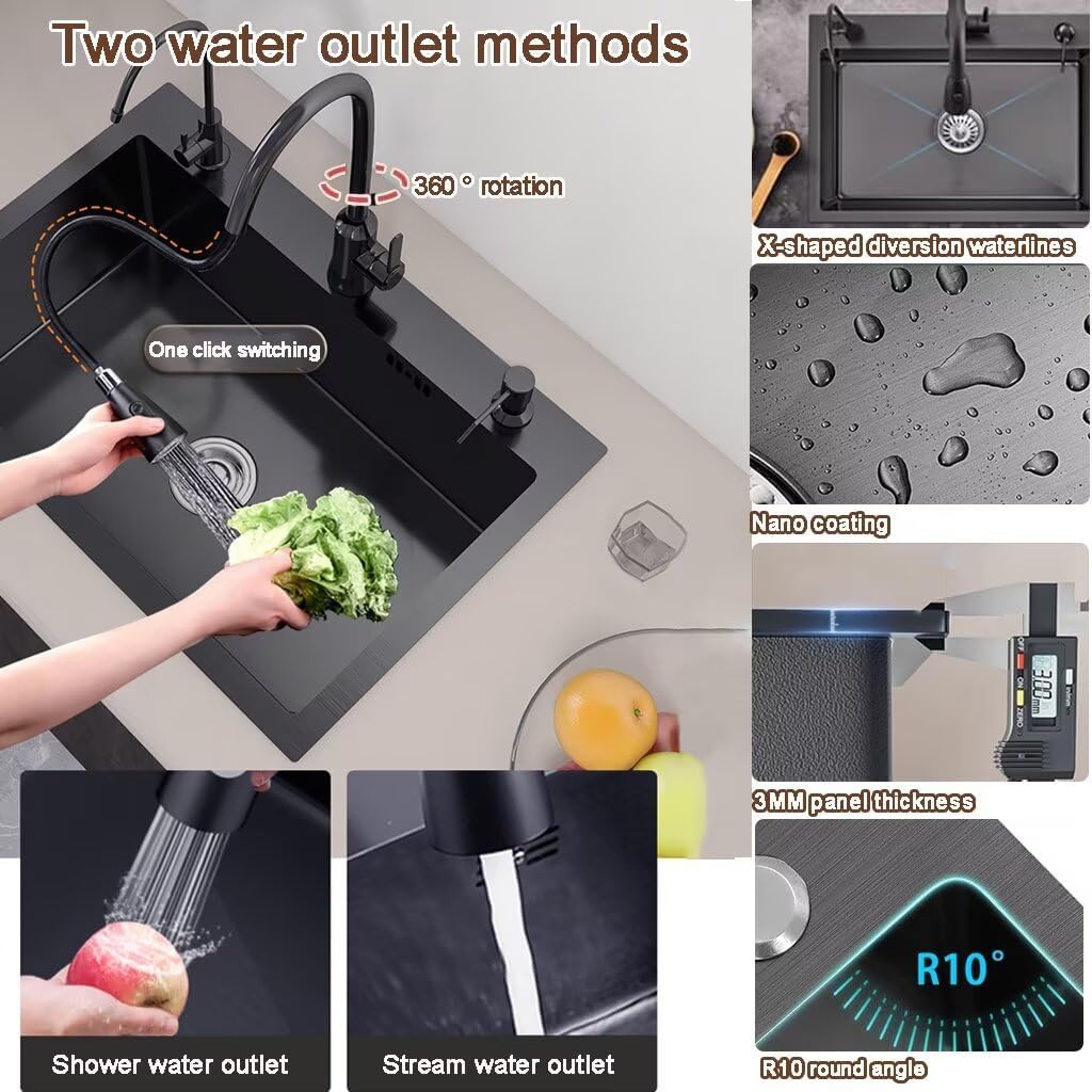 Black Drop in Kitchen Sink, Stainless Steel Single Bowl Sink with 3 Holes, Topmount Workstation Sink, Farmhouse Rectangle Basin with Multiple Accessories (19.7 * 17.7 * 7.9in)