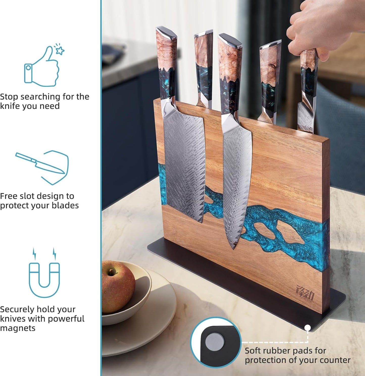 FINDKING Magnetic Knife Block, Double Sided Holder, Powerful Magnet Kitchen Storage, Acacia Wood and Blue Resin (12 x 10 Inches, Without Knives)