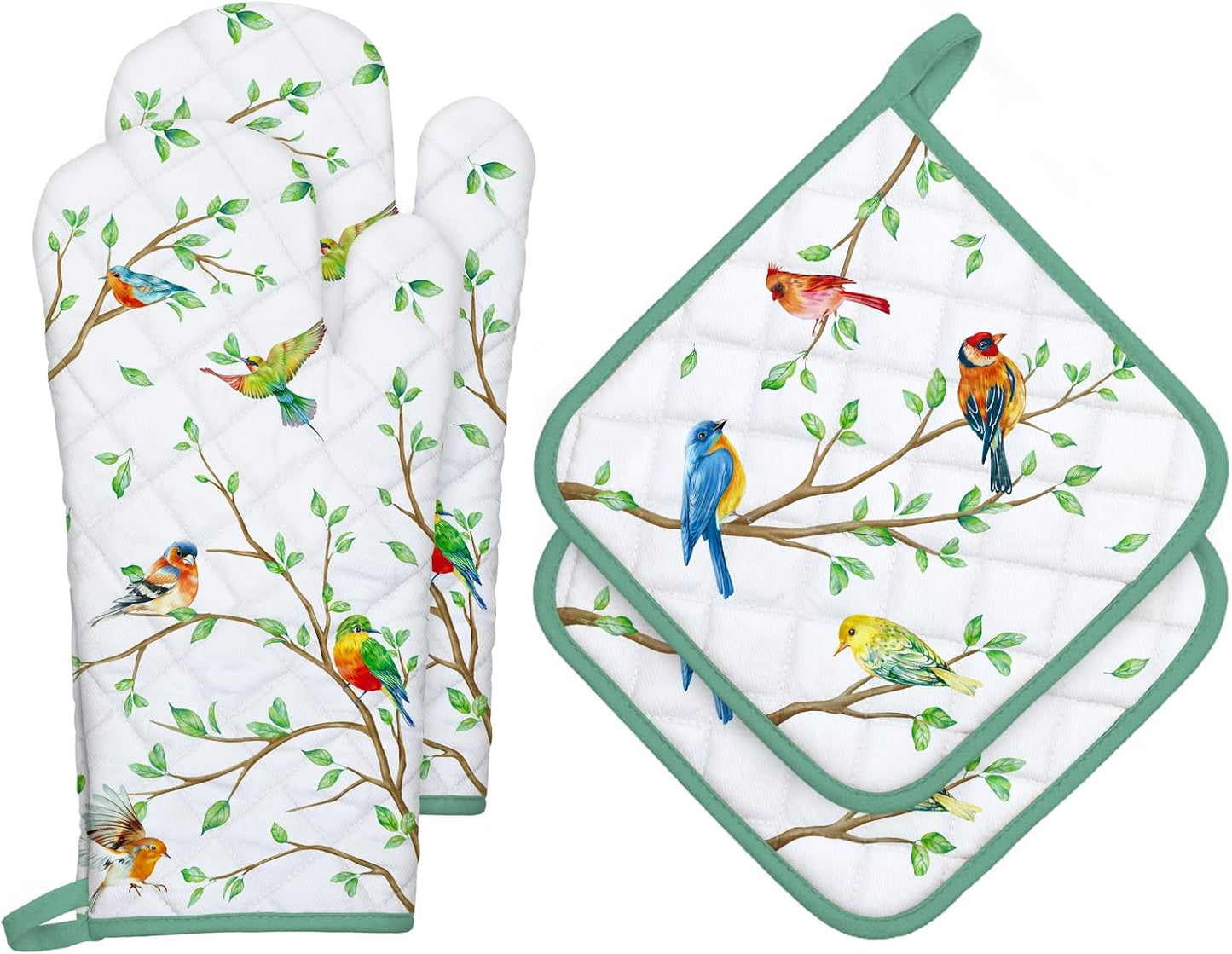 Bird Branch Oven Mitts and Pot Holders Sets 4Pcs, 100% Cotton Heat Resistant, Extra Long Oven Gloves Potholder for Kitchen Cooking Baking Housewarming