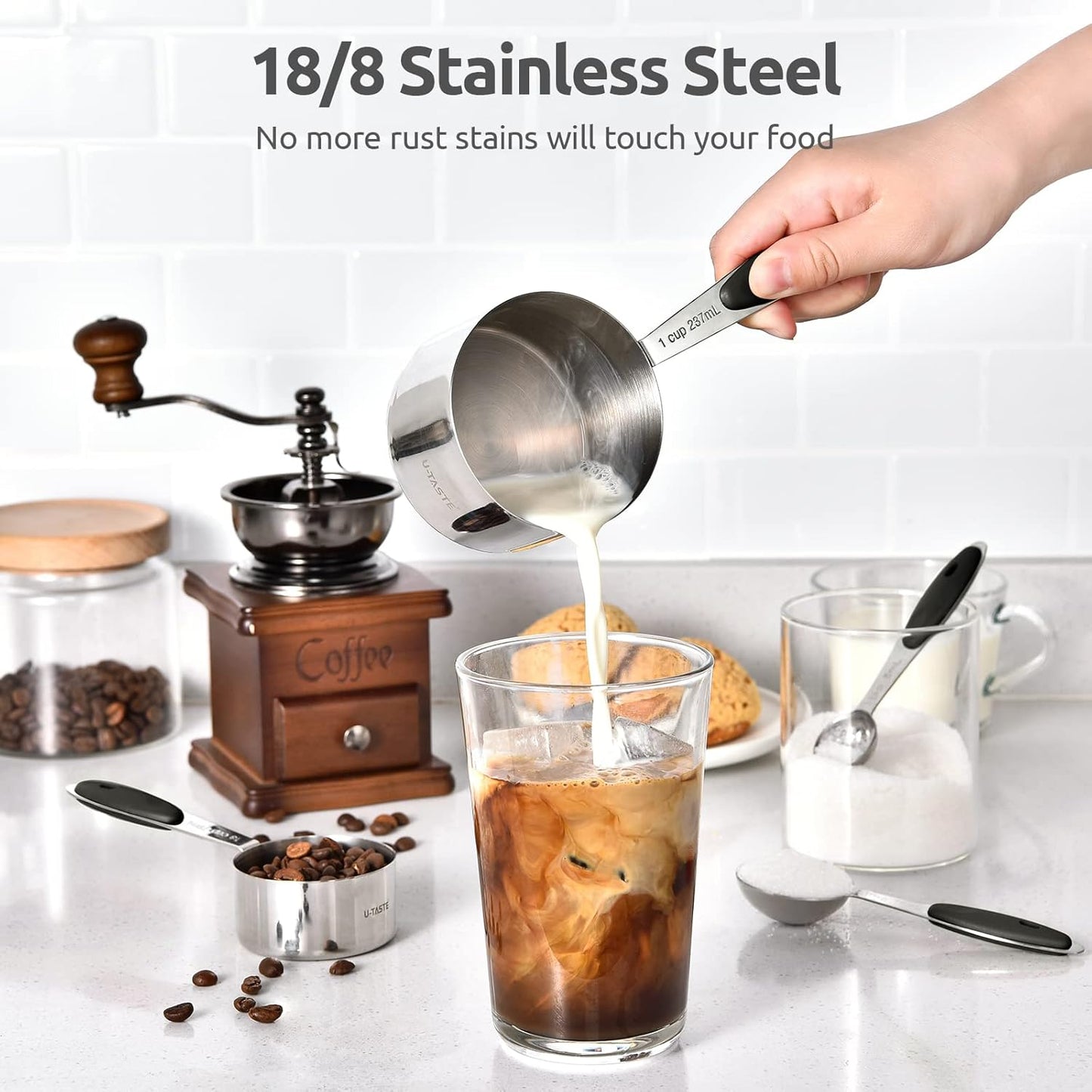Measuring Cups and Spoons Set: U-Taste 18/8 Stainless Steel 12 Pieces Metal Stacking Kitchen Baking Cooking Food Measure Set 7 Cups 5 Spoons with Strengthened Weld Joints (Black, Upgraded Version)