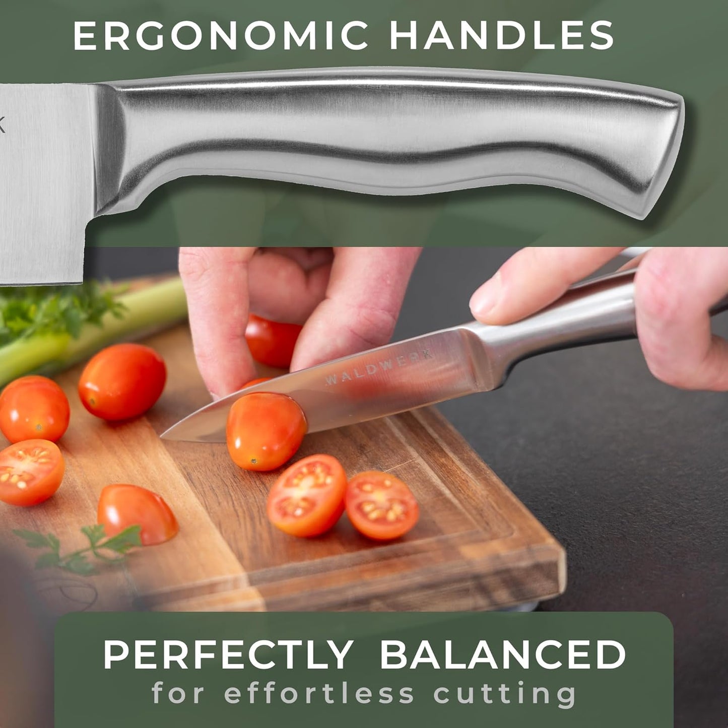 WALDWERK Knife Set - 7pcs Kitchen Knife Set with Block and Integrated Sharpener - Knife Block Set - Knife Block