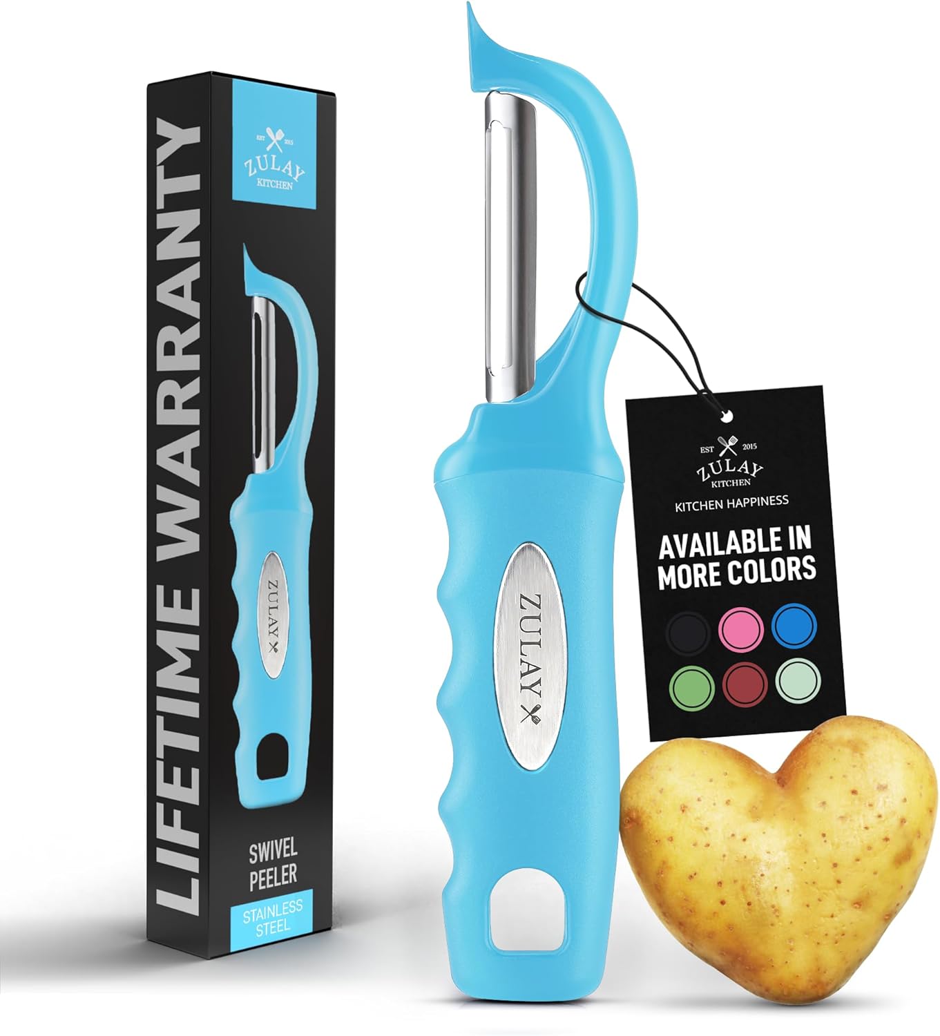 Zulay Kitchen Premium Vegetable Peeler for Kitchen - Swivel Peeler with Razor Sharp Stainless Steel Blades & Strong Ergonomic Handle - Dishwasher Safe, Easy To Use with Blemish Remover - Light Blue