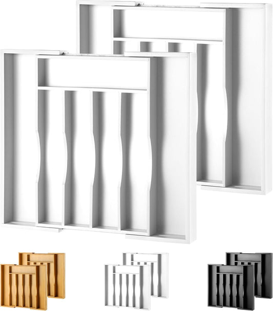 2-Piece Expandable Bamboo Kitchen Drawer Organizer for Cutlery and Utensils, Adjustable Bamboo Wood Cutlery Tray in Drawer for Flatware and Silverware in Kitchen, (White)