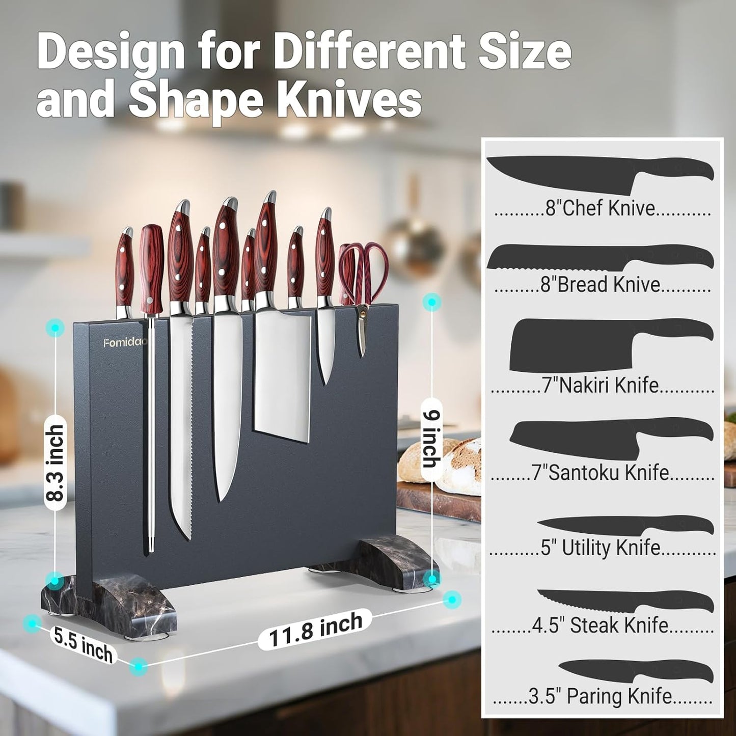 Magnetic Knife Holder Block,Black Magnetic Knife Stand for Kitchen Counter Top,Double Sided Stainless Steel Knife Storage,Strong Magnet Knife Rack