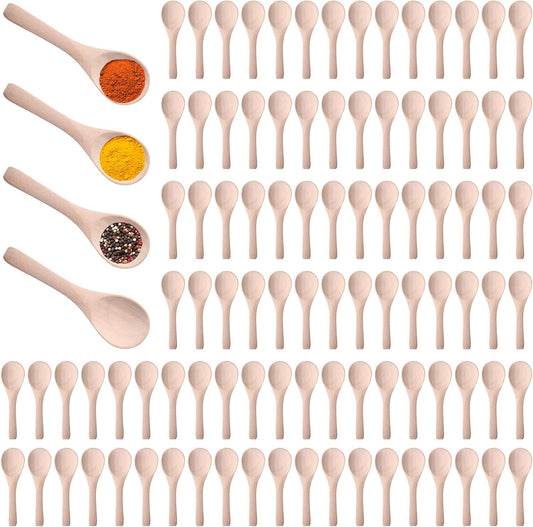 Boao 100 Pcs Small Wooden Spoons, 3.5'' L, Mini Wood Natural Tiny Spoons Wooden Little Teaspoons for Jars Sugar Creamer Honey Spices Salt Kitchen Supplies (Wood Color)