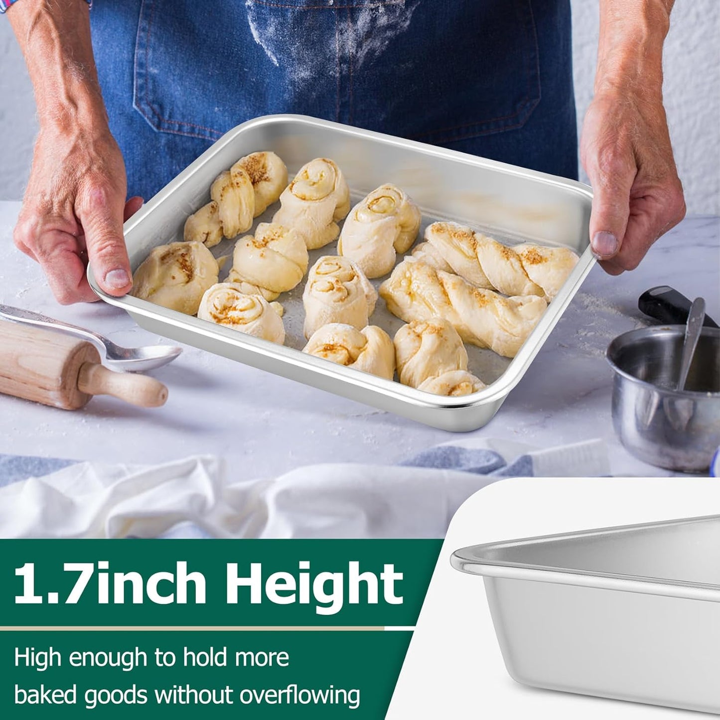 TeamFar Lasagna Pan, 10.6 x 8.3 x 1.7inch Stainless Steel Rectangular Cake Brownie Pan Casserole Baking Dish, Compact for Toaster Oven, Non Toxic & Healthy, Brushed Finish & Easy Clean-Dishwasher Safe