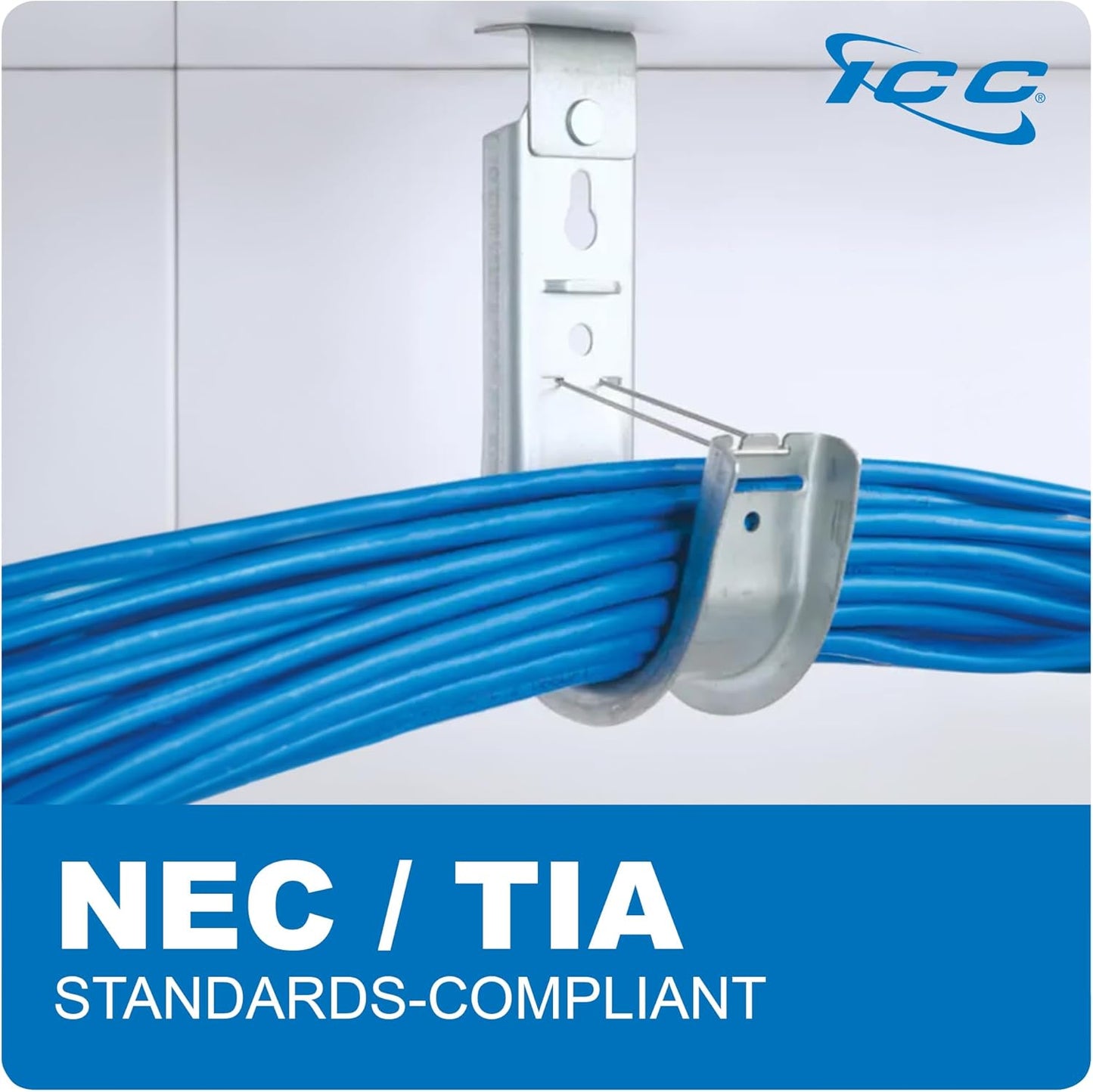 ICC Ceiling Mount J Hook 2” with Retainer Clip - Galvanized Steel Cable Management Hooks for Hanging Cable - Rust-Resistant, EIA and TIA Compliant - 2 Inch 25-Pack