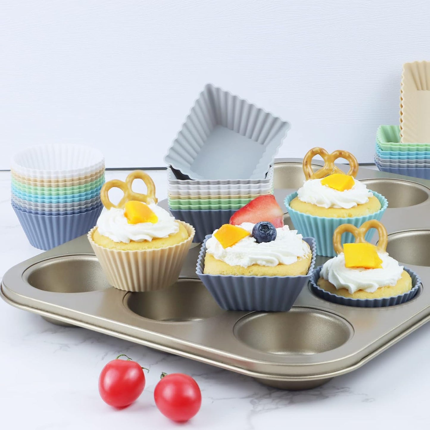 36-Pack Silicone Cupcake Liners, Reusable Muffin Cups – Round, Square & Rectangle Baking Cups, Non-Stick, Easy to Clean, Bento Box Accessories, Lunch Box Dividers for Kids(36 Liners + 20 Animal Picks)