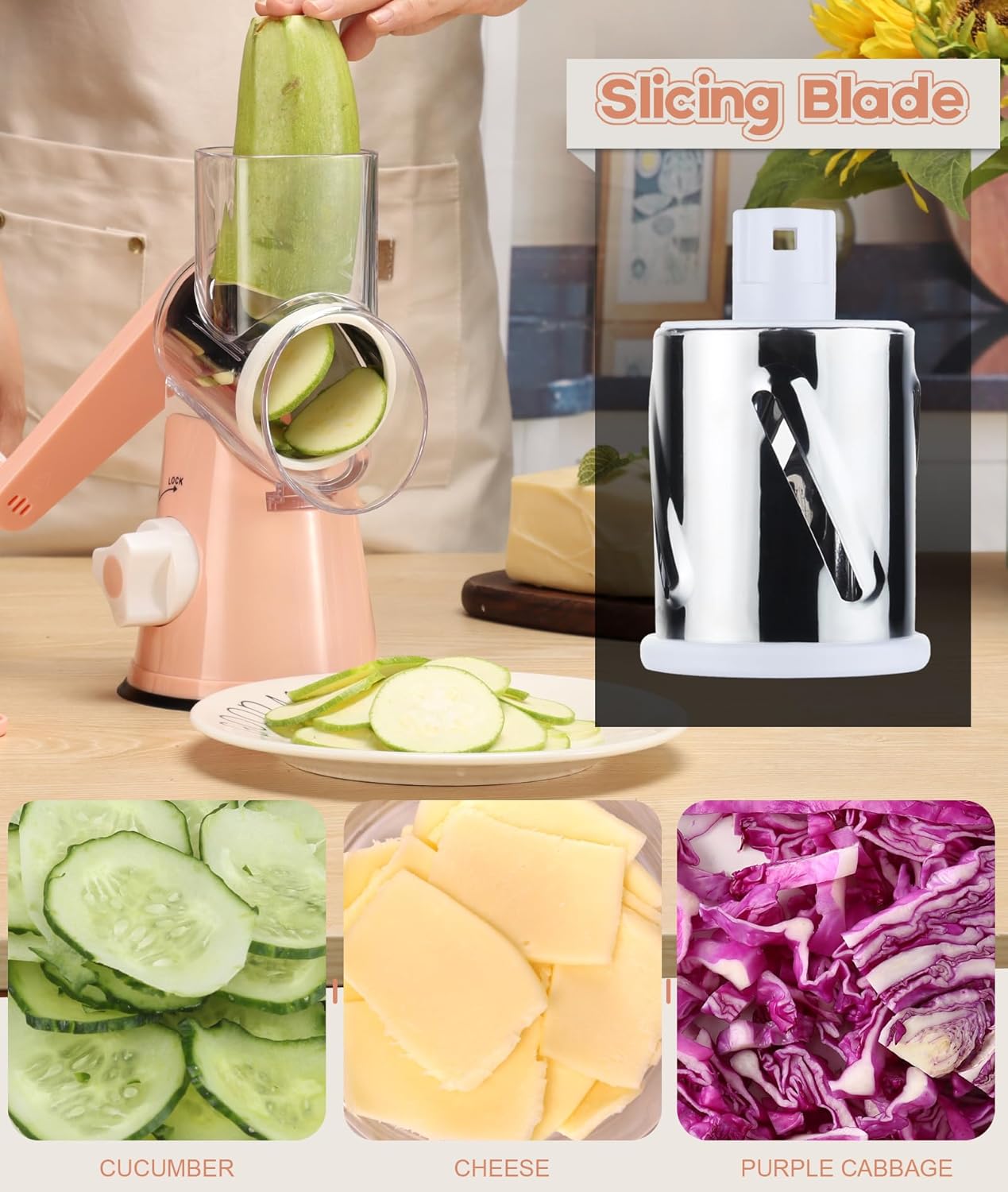 Ourokhome Rotary Cheese Grater Hand Crank, Kitchen Shredder Speed Mandolin Slicer Nuts Grinder with Handle and Drum Blades for Cheese, Vegetable, Walnuts, Chocolate, Potato, Carrot, 3 Blades, Pink