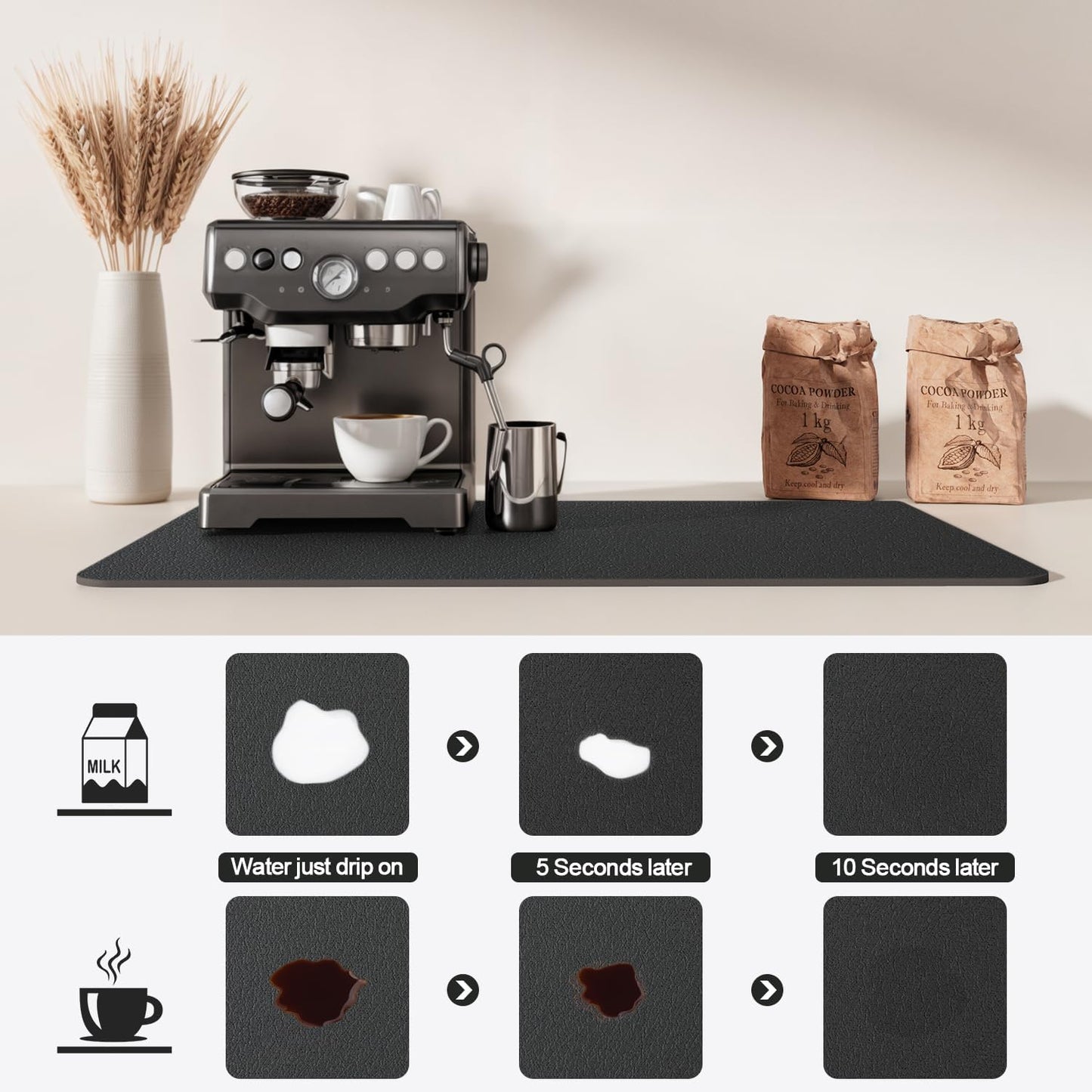 Dish Drying Mat for Kitchen Counter | Coffee Bar Mat for Countertops | Heat Resistant Drainer Mat with Non-slip Rubber Backed | Hide Stain Kitchen Absorbent Draining Mat | Black 16"x24"