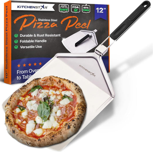 KitchenStar Stainless Steel Pizza Peel 12 inch with 10 inch Folding Handle, Medium - Spatula Paddle for Effortless Pizza Transfer & Easy Storrage - Outdoor Pizza Oven Accessories