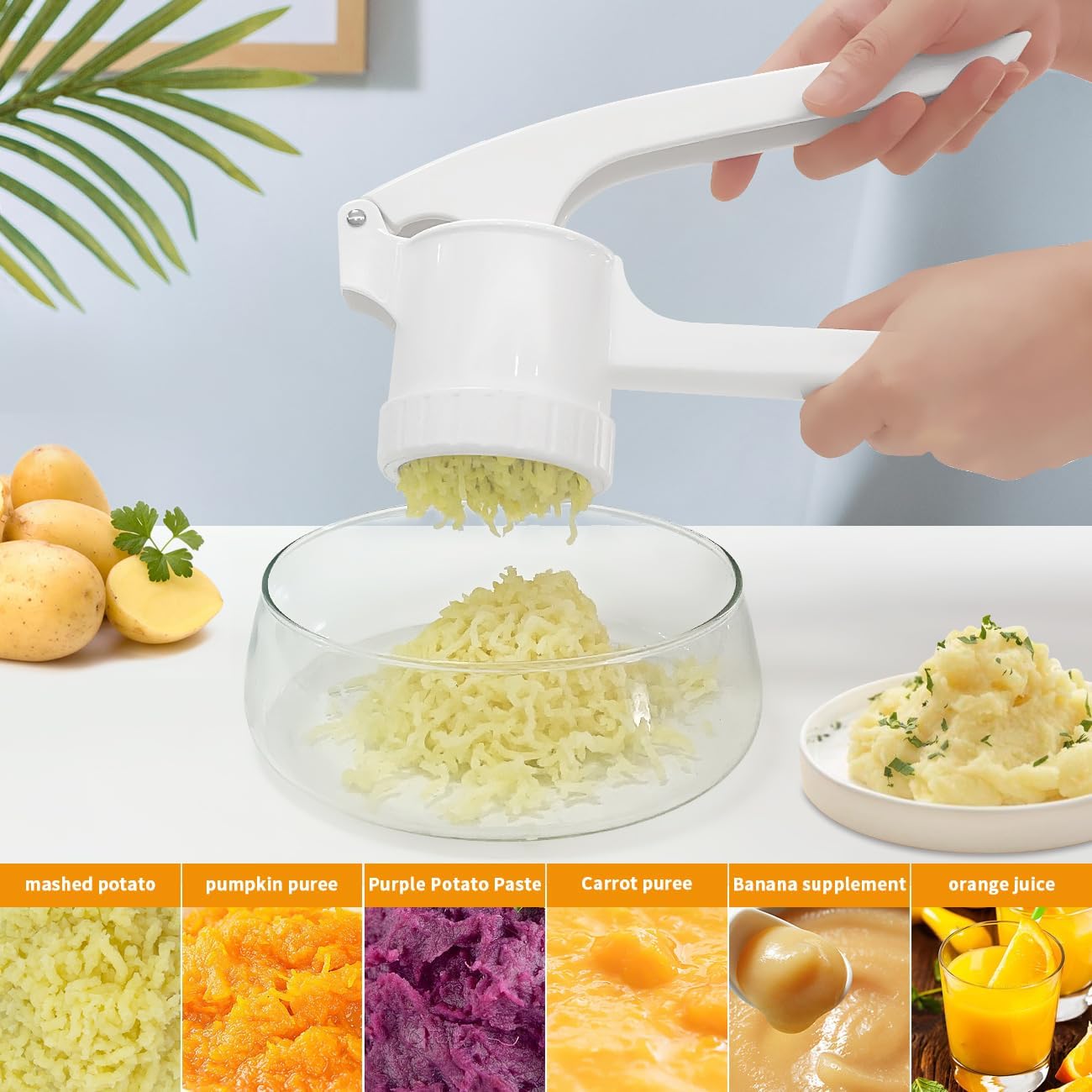 LHS Potato Ricer, Potato Masher for Potatoes with 3 Interchangeable Discs, Large Capacity Potato Masher and Ricer Kitchen Tool for Fruit, Vegetables, Baby Food, White