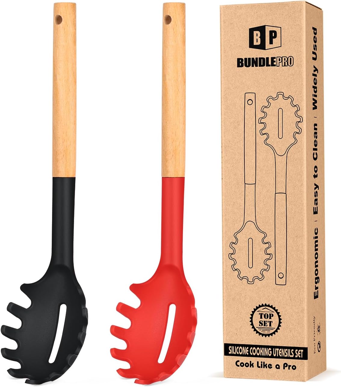 Pack of 2 Spaghetti Spoon, Silicone Pasta Fork with Wooden Handle, Heat Resistant Noodle Spoon Server, BPA Free Spaghetti Strainer(BLACK-RED)