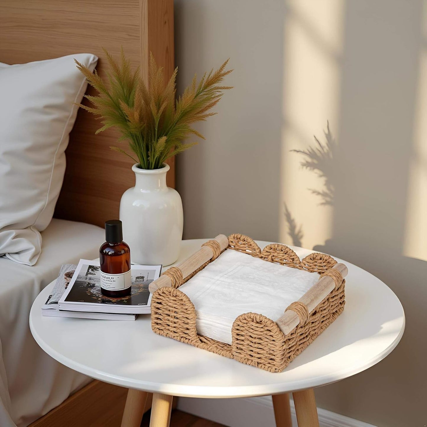 CubesLand Scalloped Napkin Holder for Table, Farmhouse Warming Home Kitchen Decor, Paper Rope Flat Napkin Dispenser Guest Towel Tray for Bathroom, Disposable Napkin Basket for Dining Table, Neutral