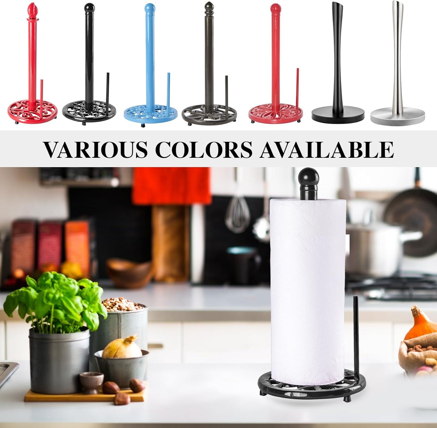 JOGREFUL Paper Towel Holder Stand, Cast Iron Kitchen Paper Towel Countertop Vintage Stand with Weighted-Base, Bathroom Organization for Family Standard Large Size Roll Paper, Classic Style, Black