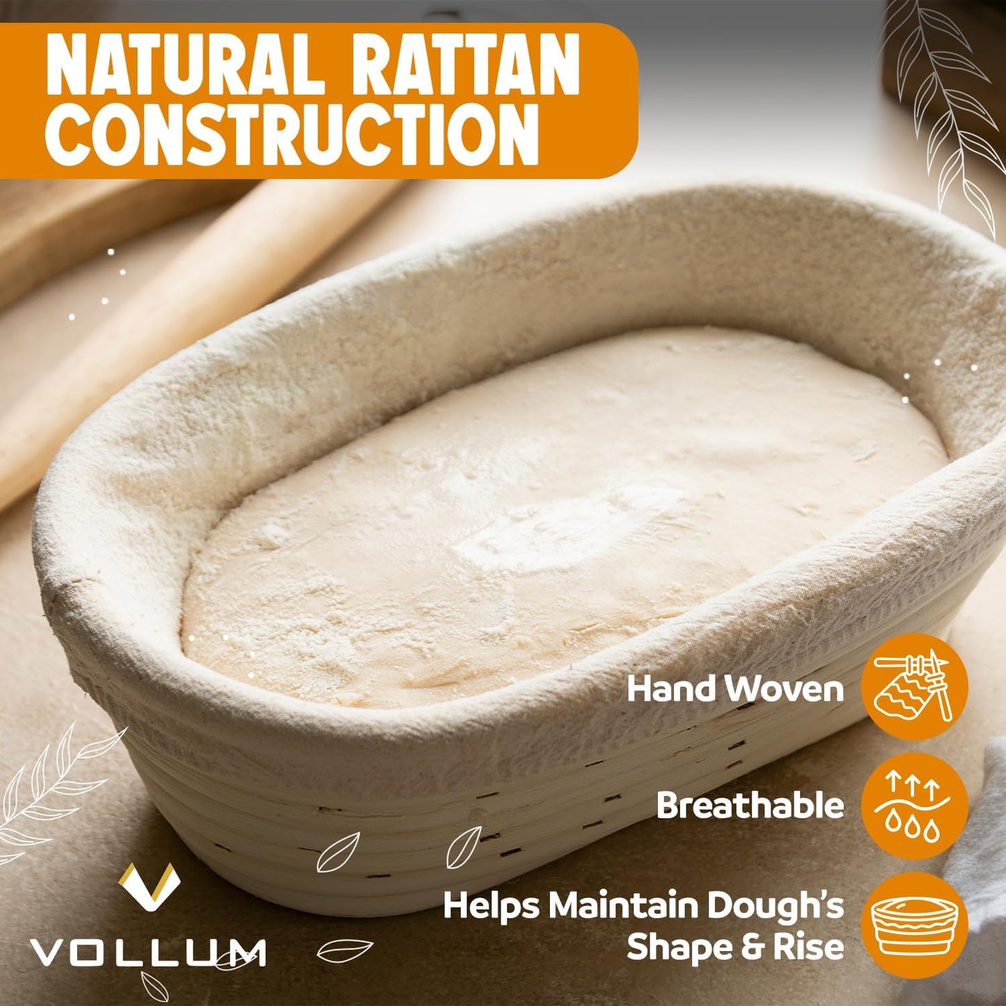 Banneton Bread Proofing Basket Sourdough Proofing Basket for Beginners & Professional Bakers, Handwoven Rattan Cane Bread Maker with Linen for Artisan Breads, 12.25 x 6 x 3.5 Inch, 2-Lb Rectangular