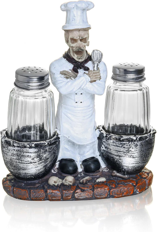 Decorative Salt and Pepper Shakers Set - Resin Skeleton Chef Figurine And Statues - Farmhouse Kitchen DéCor with Glass Spice Jars