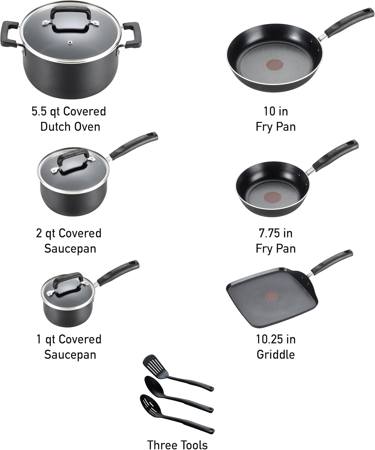 T-fal Signature Nonstick Cookware Set 12 Piece, Oven Broiler Safe 350F, Pots and Pans, Kitchen Cooking Set w/Fry Pans, Saucepans, Saute Pan, Dutch Oven, Griddle, Kitchen, Home, Dishwasher Safe, Black
