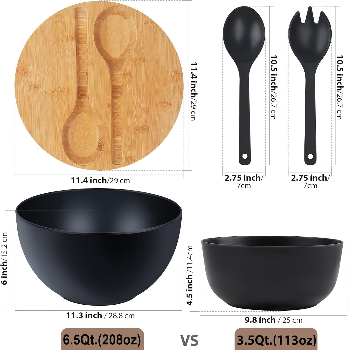 11.3" Extra Large Salad Bowl with Wooden Lid & Servers, 208Oz, Oversized Bamboo Fiber Salad Serving Set with Utensils for Home/Kitchen, Big Lightweight Bowl for Mixing Salad,Fruit,Pasta - Matte Black