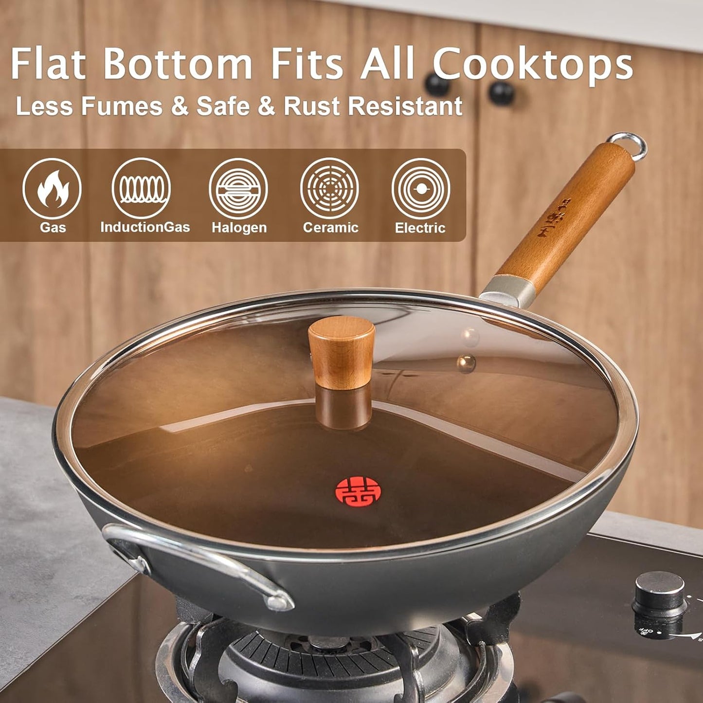 WANGYUANJI Iron Wok,14.2 inch Woks for Stir-fry, Chinese Stir Fry Pan Uncoated, Traditional Flat Bottom Iron Pot for Induction, Electric, Gas, Suitable for All Stoves(Pure Iron Wok)