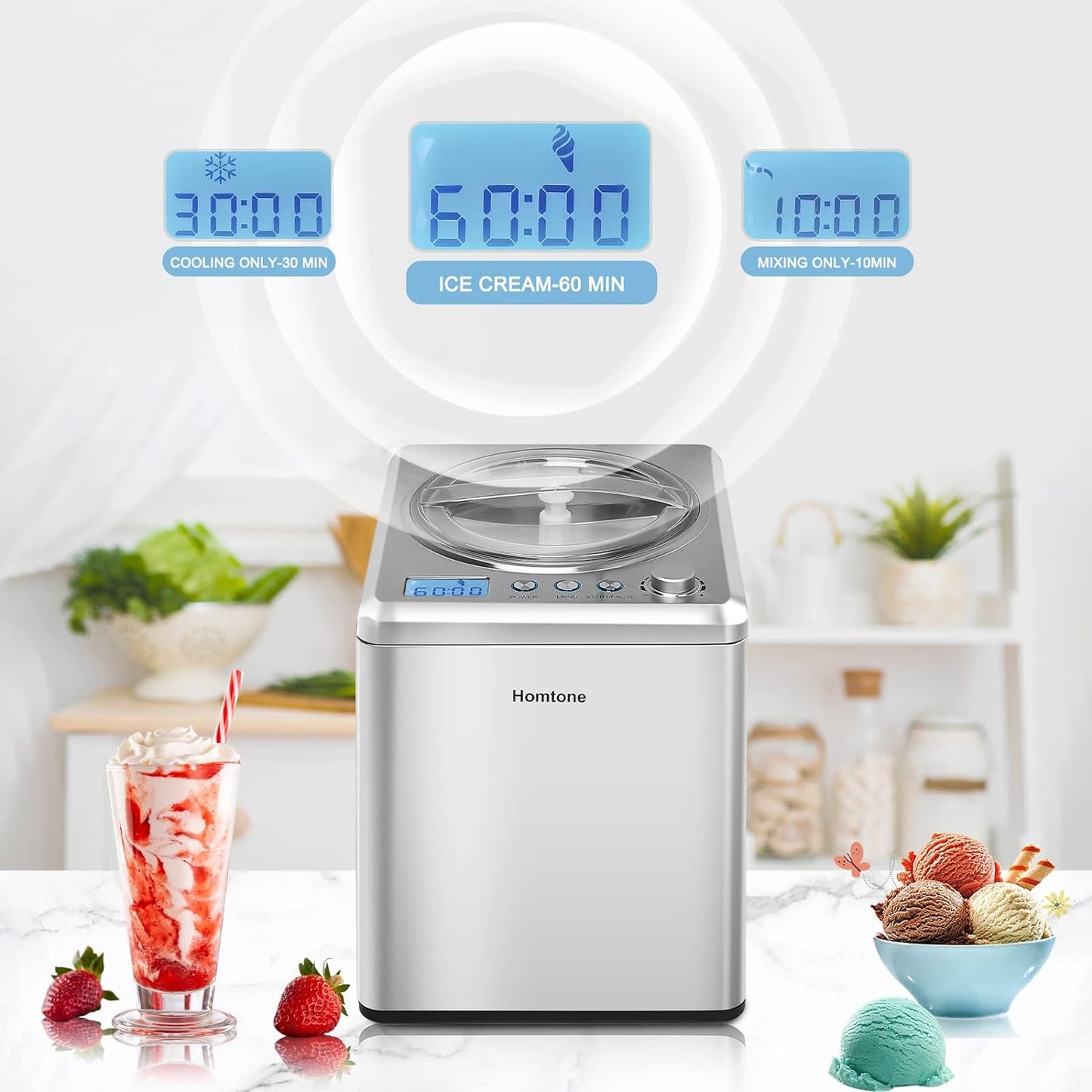 Homtone 2.64 QT Ice Cream Maker, No pre-Freezing & Large Capacity Automatic Ice Cream Machine with Compressor, Easy Operate & Clean, Keep Cooling for 2H, All Stainless Steel, LCD Digital Display