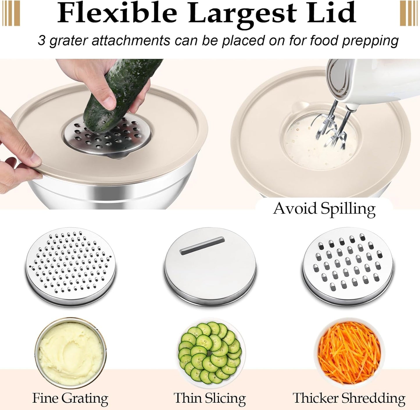 TeamFar Mixing Bowls, 6PCS Stainless Steel Nesting Mixing Salad Bowl with Lids & 3 Grater Attachments, for Food Cooking Baking Storing, Healthy, Khaki - 4.6/2.6/2 / 1.5/1 / 0.7 QT