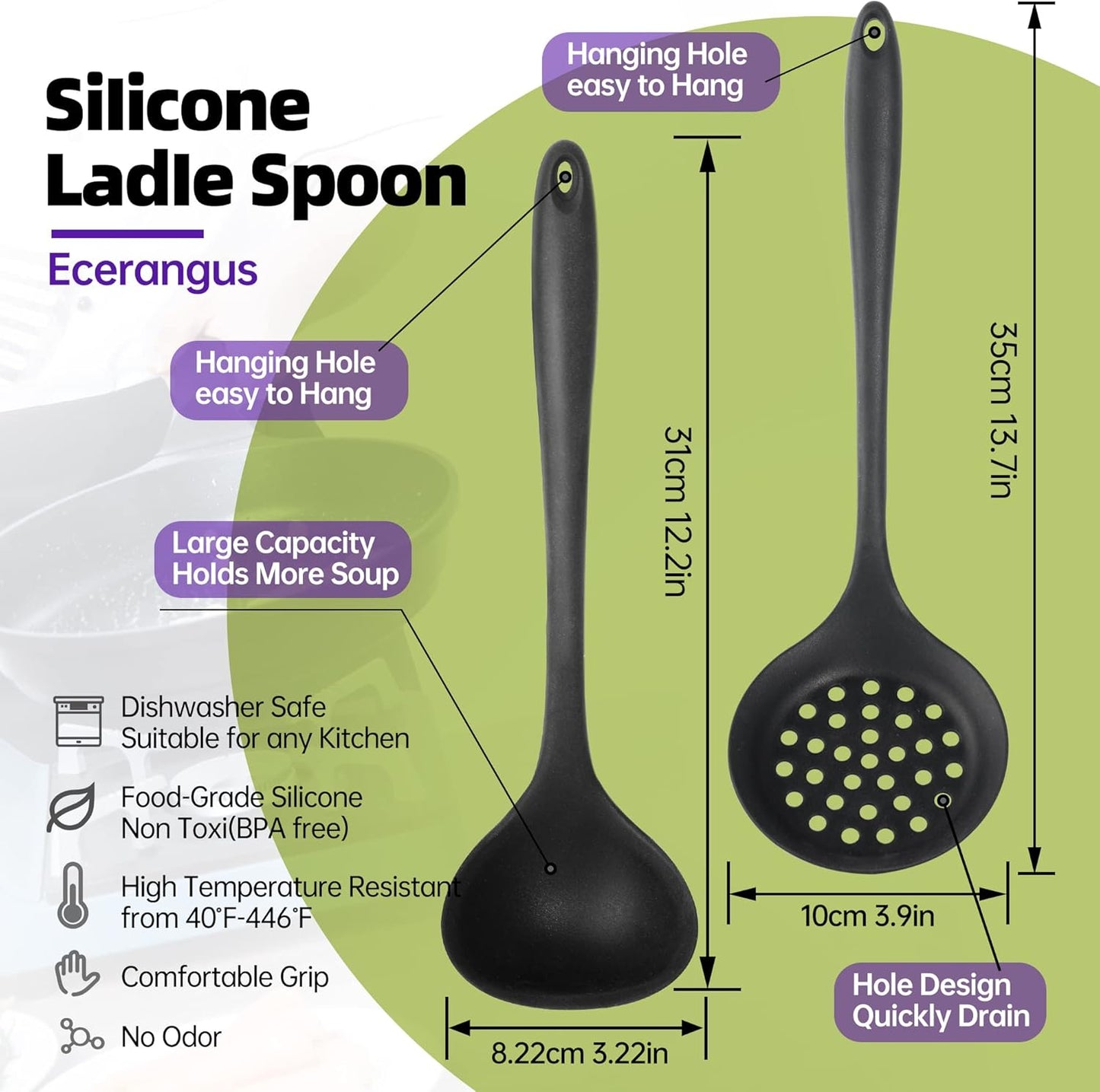 Silicone Soup Ladle Spoon Set of 2,Silicone Nonstick Large Skimmer Slotted Spoons,Kitchen Ladle Strainer Spoons Heat Resistant Cooking Utensil for Cooking Stirring Serving Draining Frying