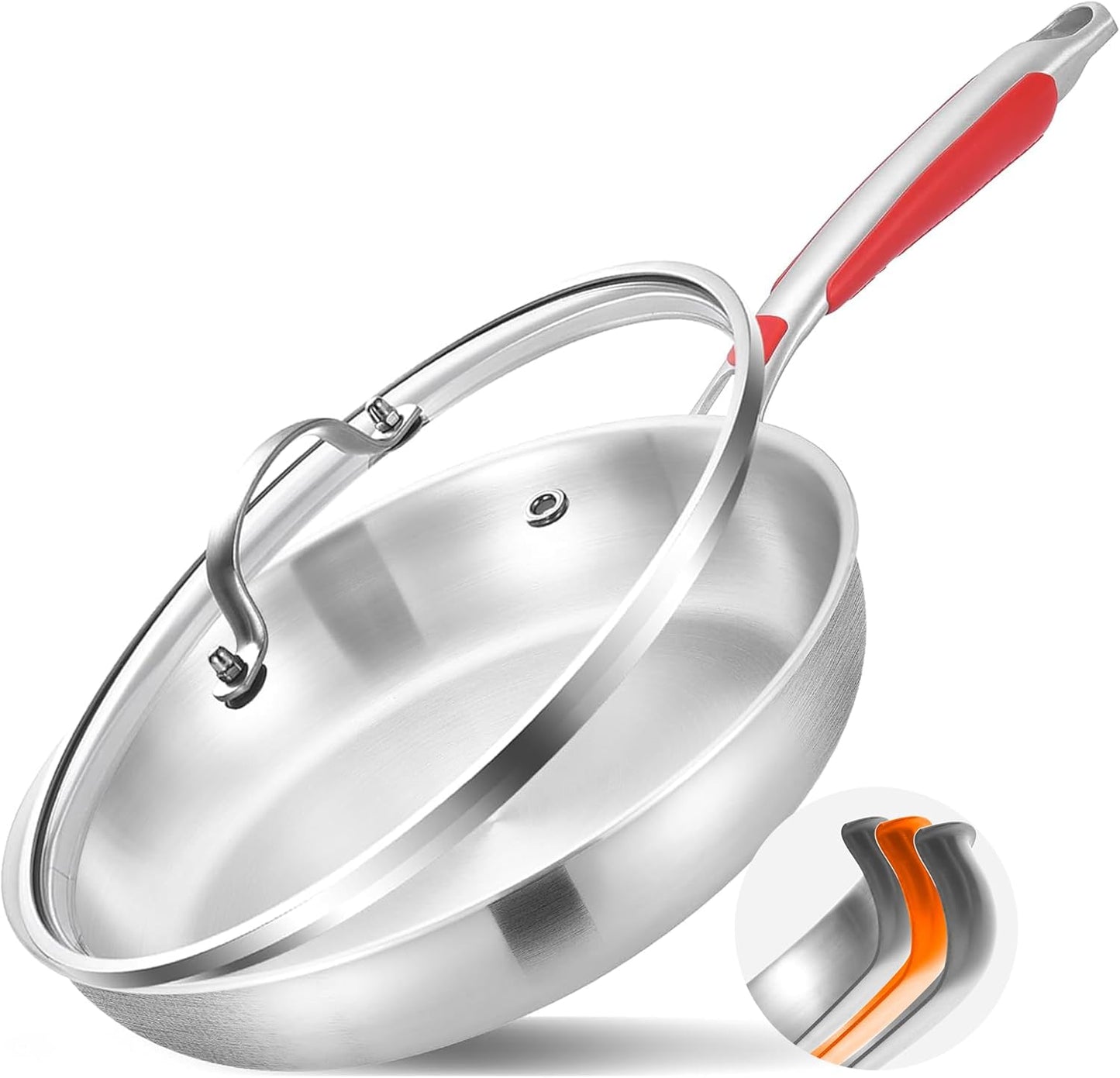 Inqibee 12 Inch Tri-Ply Stainless Steel Frying Pan with Lid,Skillet,Induction Cooking Pan,Dishwasher Safe,Detachable Large Handle