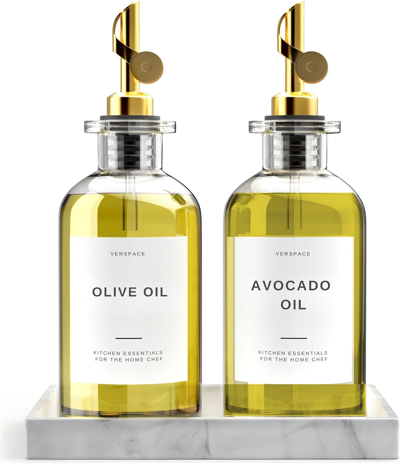 Olive Oil Dispenser For Kitchen With Silicone Tray & 40 Labels, Soy Sauce Dispenser, Coffee Syrup Dispenser, Olive Oil Bottles Set Of 2, Gold 500ml / 17oz